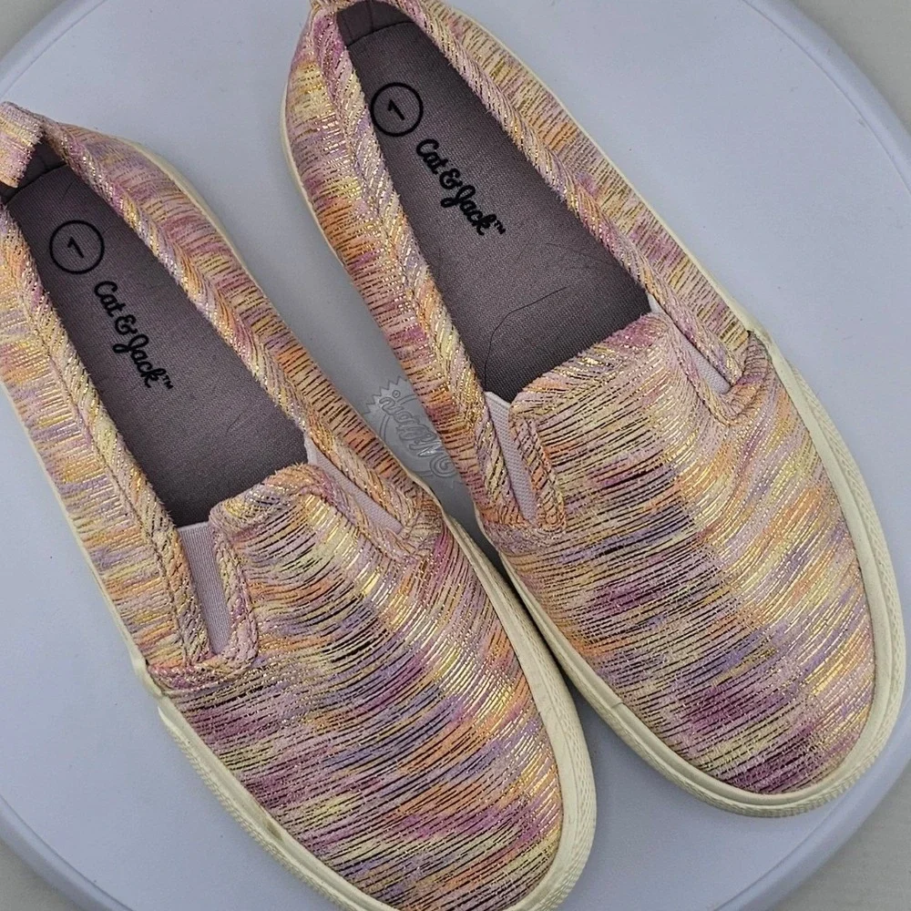 Cat and Jack Toddler Girls Slip On Sneakers Size‎ 1 Metallic Multi Color EUC